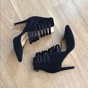 Michael Shannon Jayda Black Stiletto Heels with Cage Straps Leather Suede Sz 6.5